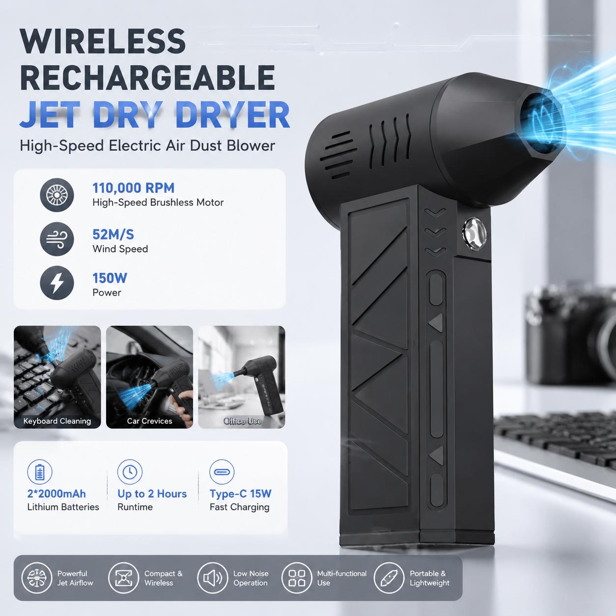 Office Tech Essentials - Peniup Udara Elektrik 110000 RPM, 3
